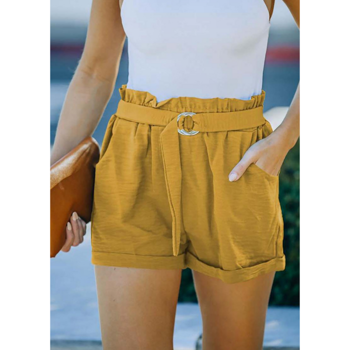 Loose Waisted Strap Pocket High Waisted Casual Shorts